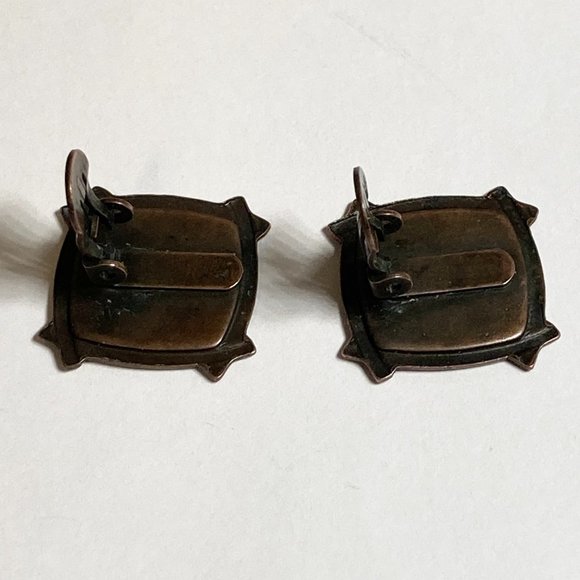 Vintage Copper Enamel Clip On Earrings Orange Red Swirl Artisan Unsigned - Picture 6 of 10